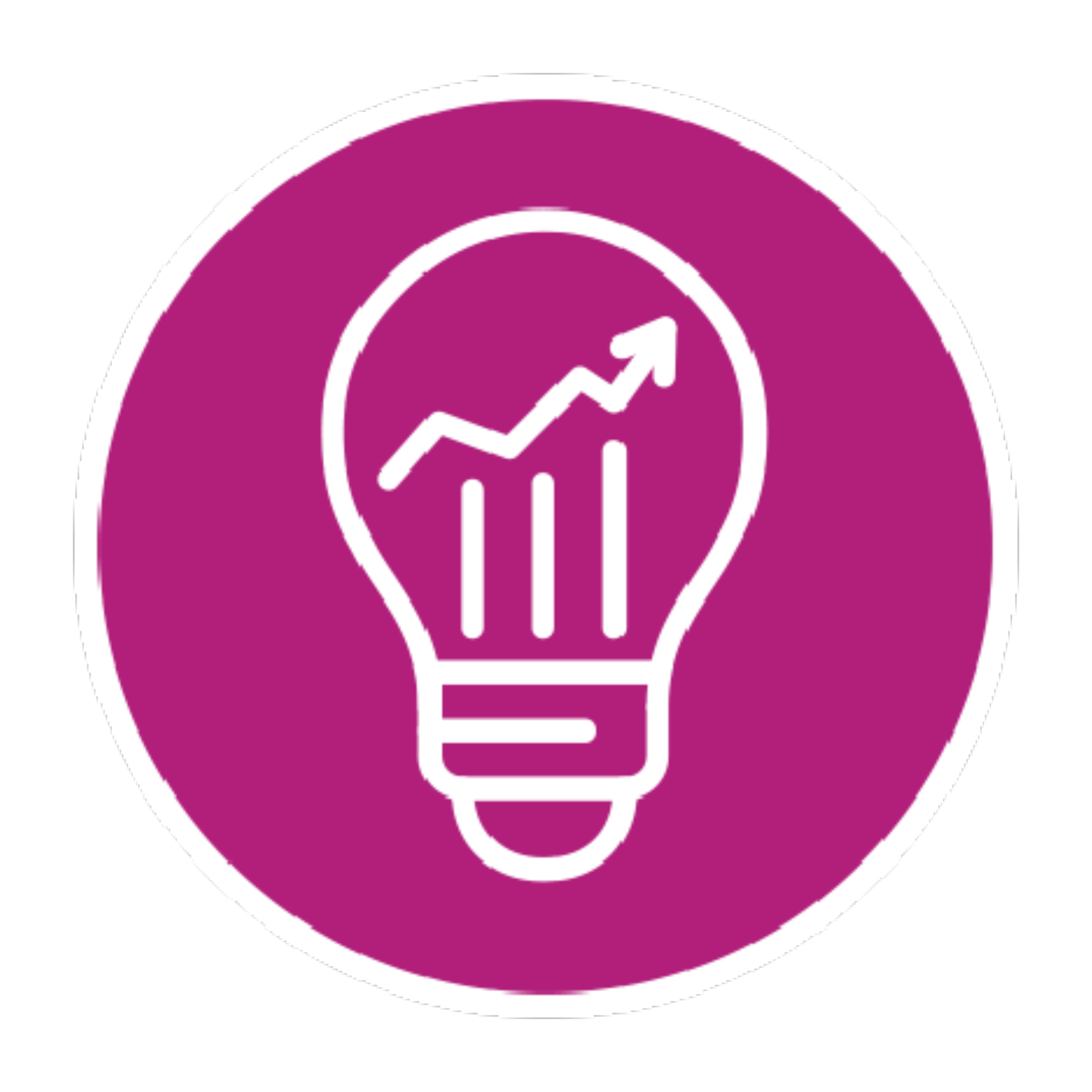 Drawing of a lightbulb with graph chart columns and a graph chart trend line pointing upwards inside the bulb
